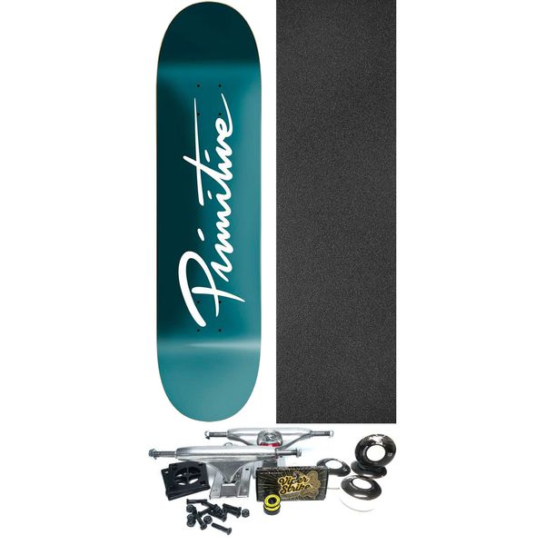 Primitive Skateboarding Nuevo Script Core Teal Skateboard Deck - 8" x 31.5" - Complete Skateboard Bundle